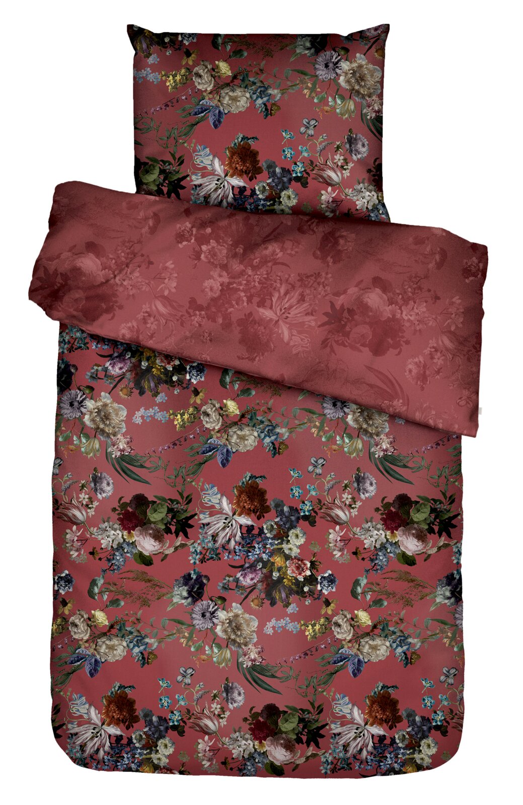 Zurbrüggen Bettwäsche 135x200cm ISABELLE Bettwäsche-Set in Altrosa mit opulentem, mehrfarbigem Blumenmuster und dezent floral gemusterter Umschlagseite, aus schräger Vorderansicht mit zurückgeschlagener Decke und Kissen dargestellt