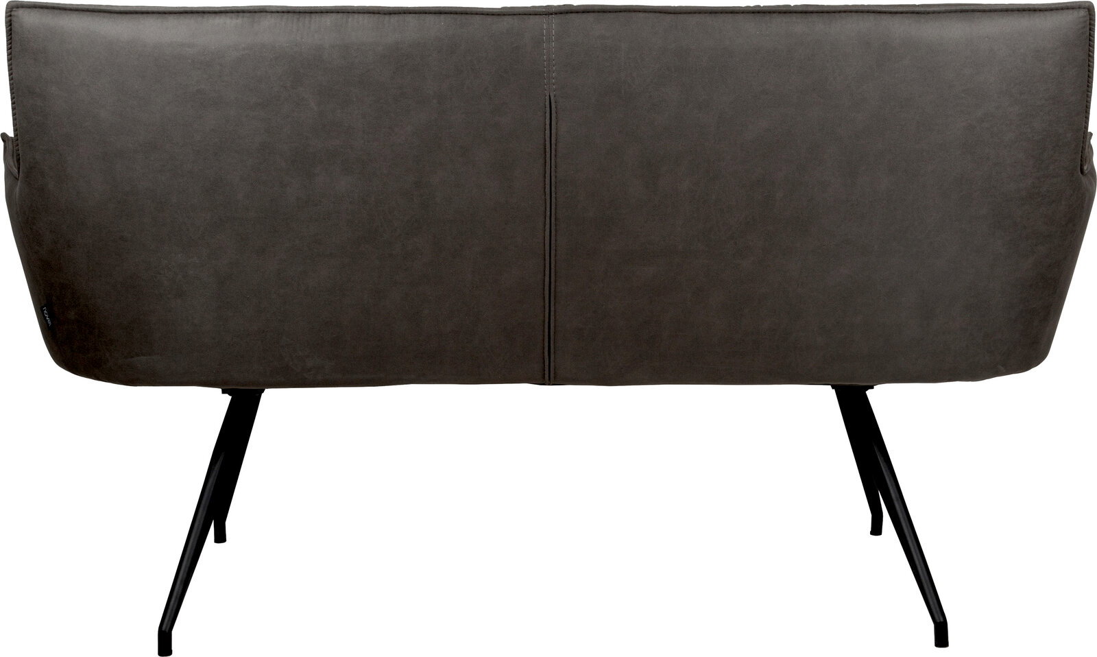 Rückansicht eines modernen 2-Sitzer-Sofas in Dunkelgrau mit glatter Polsterung und schwarzen Metallbeinen, freigestellt auf weißem Hintergrund