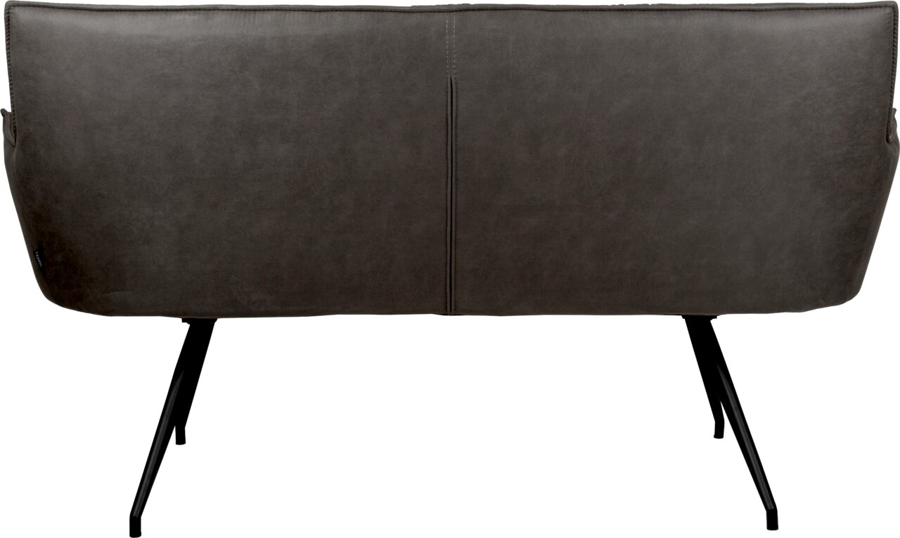 Rückansicht eines modernen 2-Sitzer-Sofas in Dunkelgrau mit glatter Polsterung und schwarzen Metallbeinen, freigestellt auf weißem Hintergrund