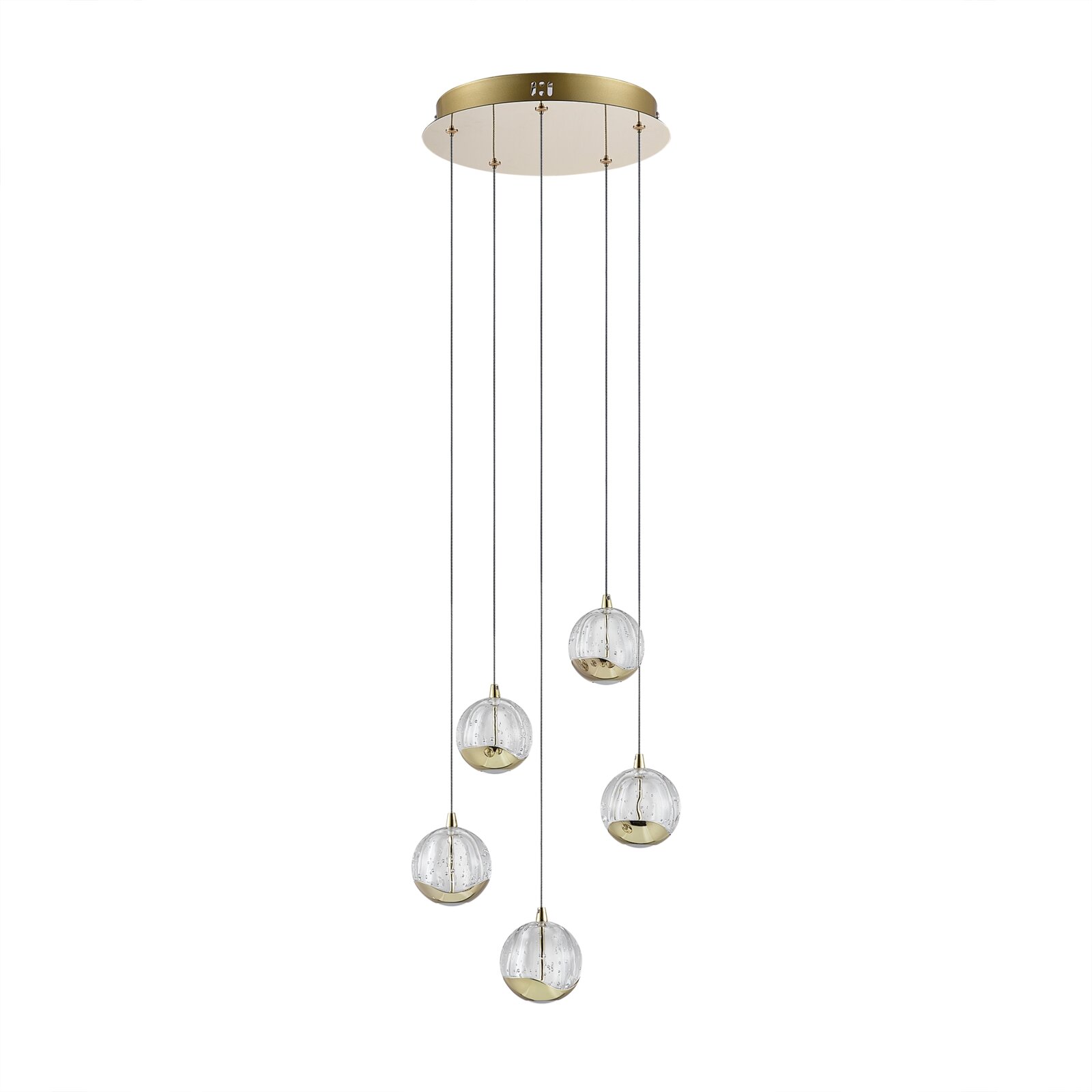 Moderne LED-Hängeleuchte mit fünf kugelförmigen, klaren Glasschirmen und goldenen Akzenten, von unten betrachtet.