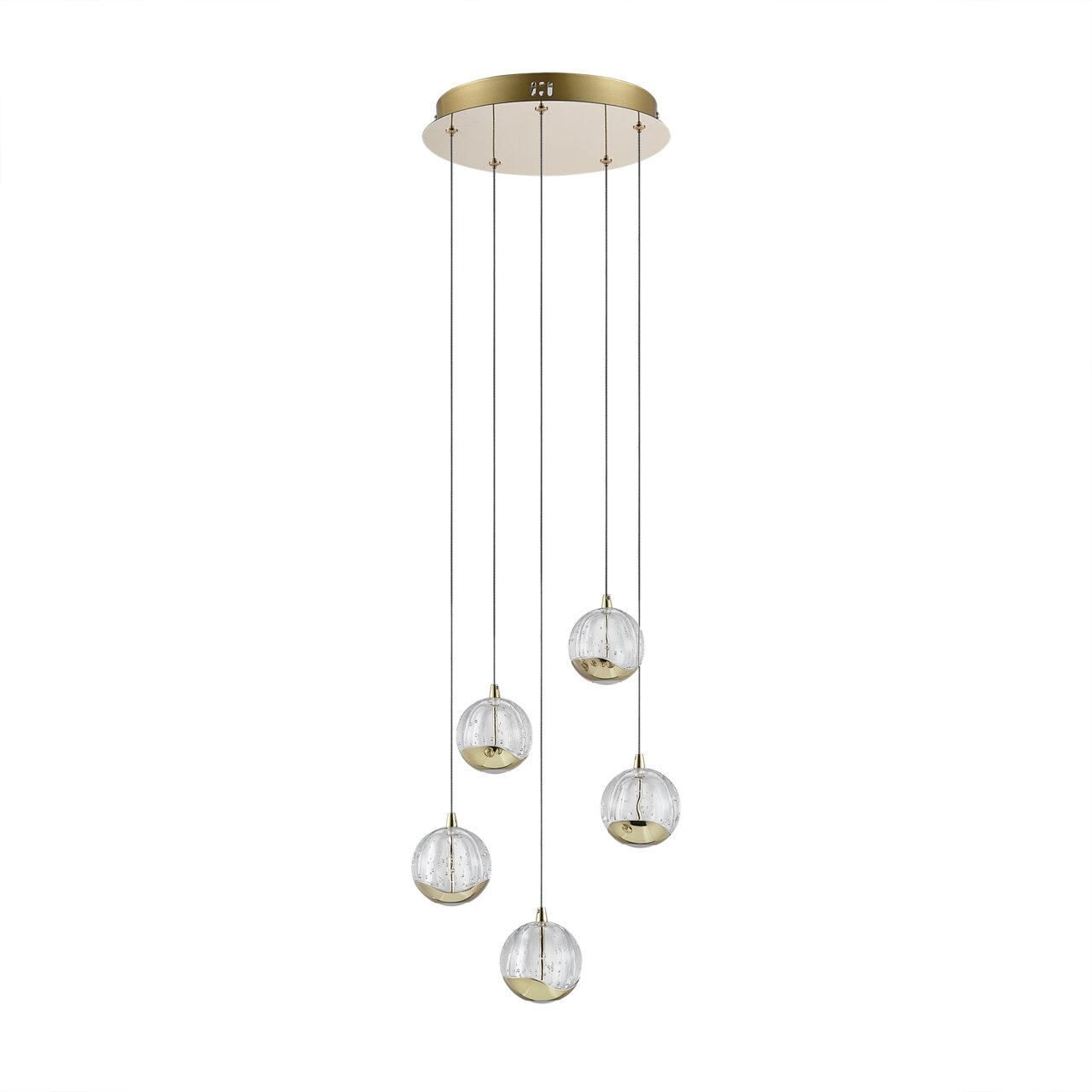 Moderne LED-Hängeleuchte mit fünf kugelförmigen, klaren Glasschirmen und goldenen Akzenten, von unten betrachtet.