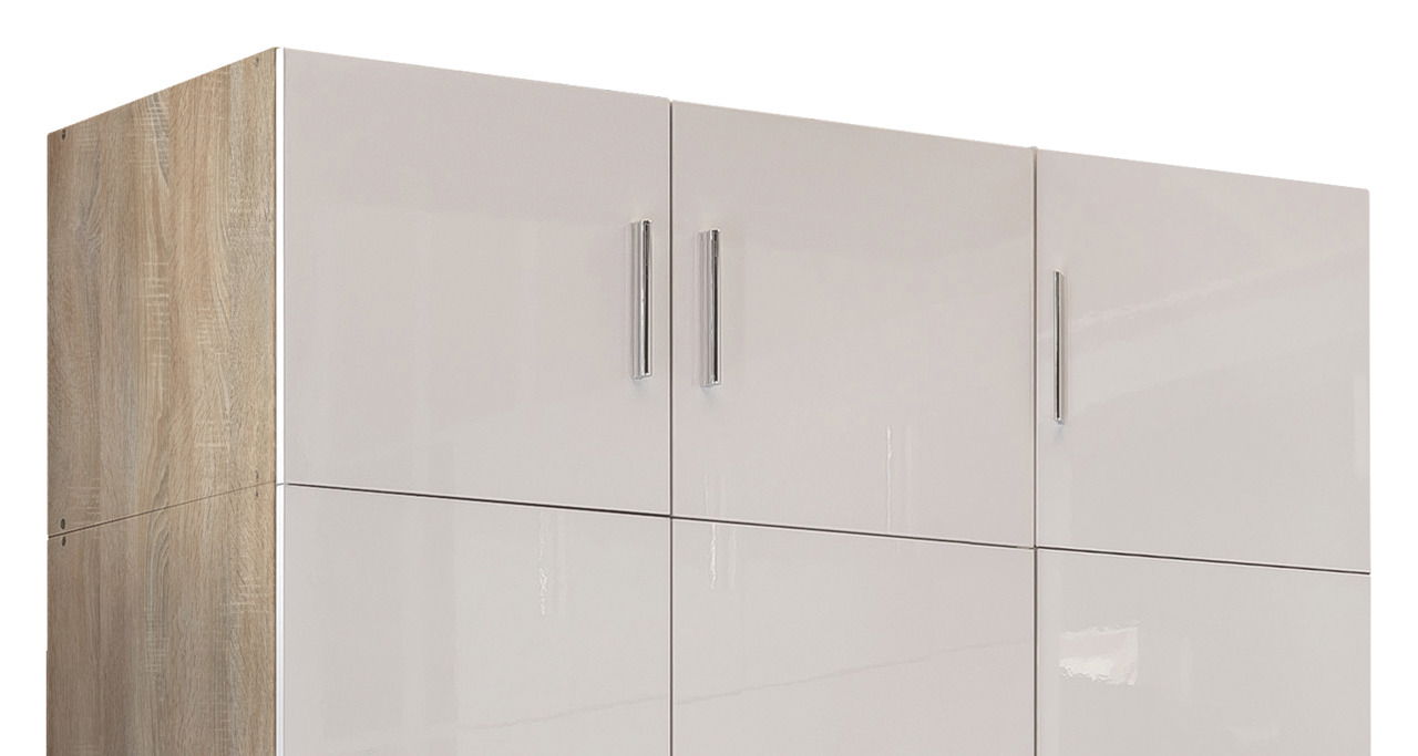 Schrankaufsatz T54 in Holzoptik und weißem Hochglanz, seitliche Perspektive