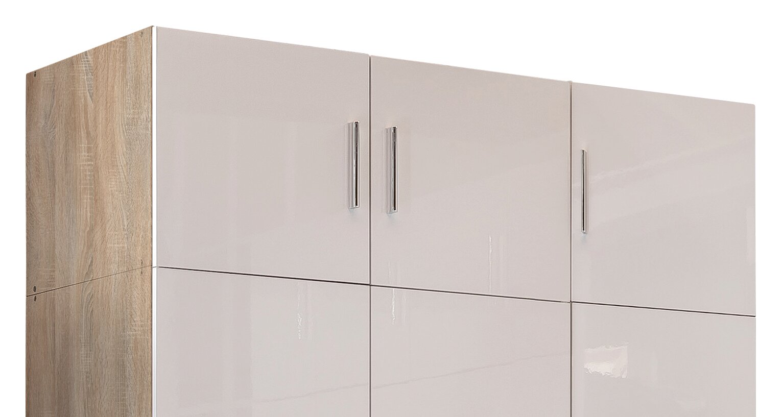 Schrankaufsatz T54 in Holzoptik und weißem Hochglanz, seitliche Perspektive