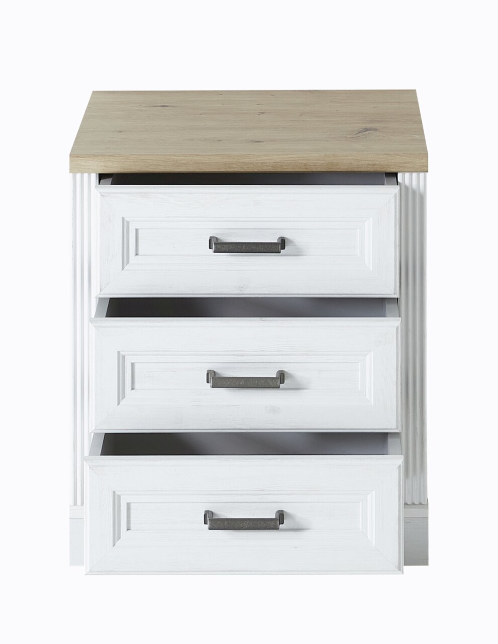 Weißer Rollcontainer der Serie JUDITH mit drei Schubladen, teilweise geöffnet, und einer Holzoberfläche, Frontalansicht.