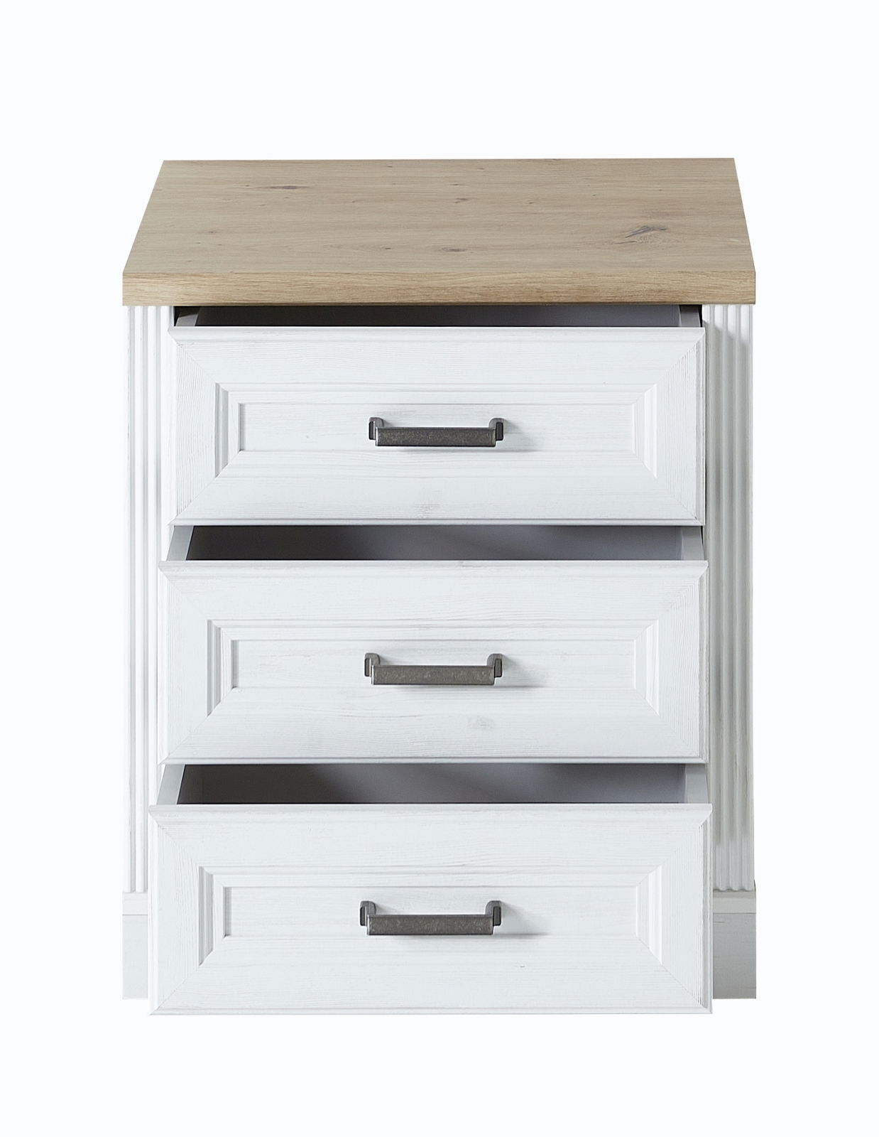 Weißer Rollcontainer der Serie JUDITH mit drei Schubladen, teilweise geöffnet, und einer Holzoberfläche, Frontalansicht.