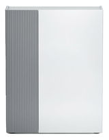 Moderner Schuhschrank mit grauer und weißer Frontansicht, linke Seite geriffelt.