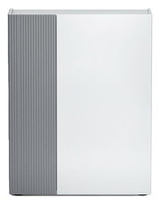 Moderner Schuhschrank mit grauer und weißer Frontansicht, linke Seite geriffelt.