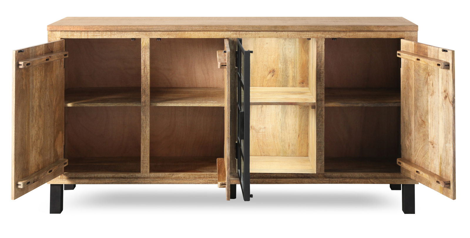 Holz-Sideboard mit offenen Türen, zeigt Innenfächer, Frontalansicht