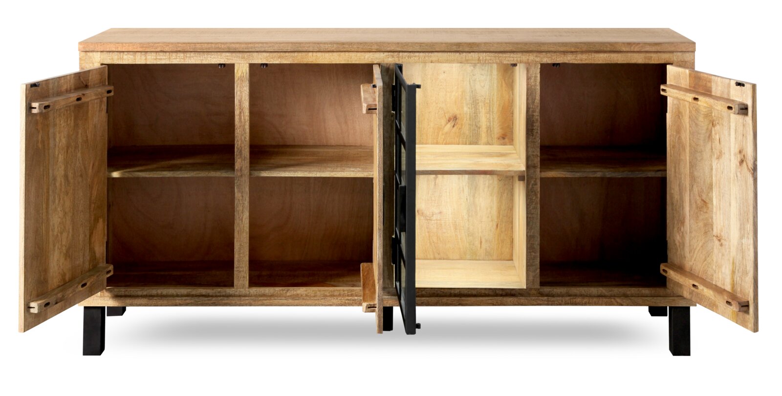 Houten dressoir met open deuren, met zicht op de binnenvakken, vooraanzicht