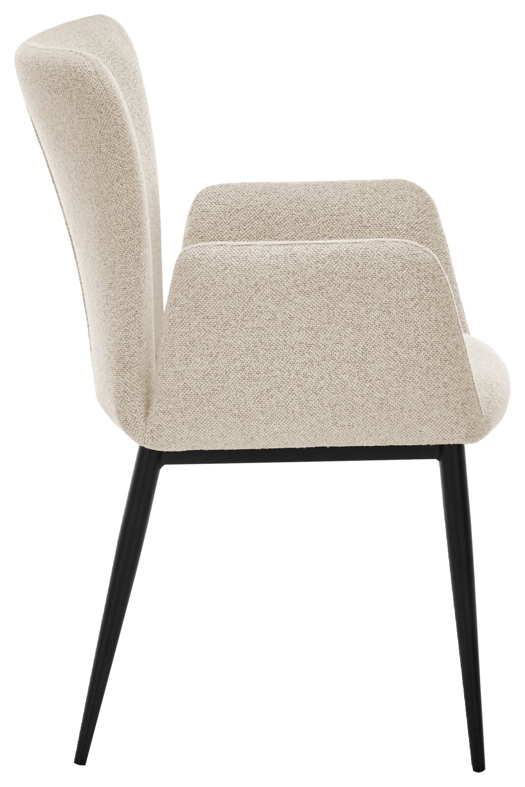 Zijaanzicht van een moderne fauteuil met een lichtbeige stoffen bekleding en zwarte poten.