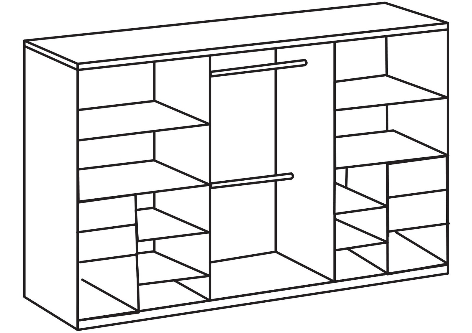 Skizze eines dreitürigen Schwebetürenschranks mit mehreren Regalböden und Kleiderstangen, perspektivisch von vorne dargestellt.