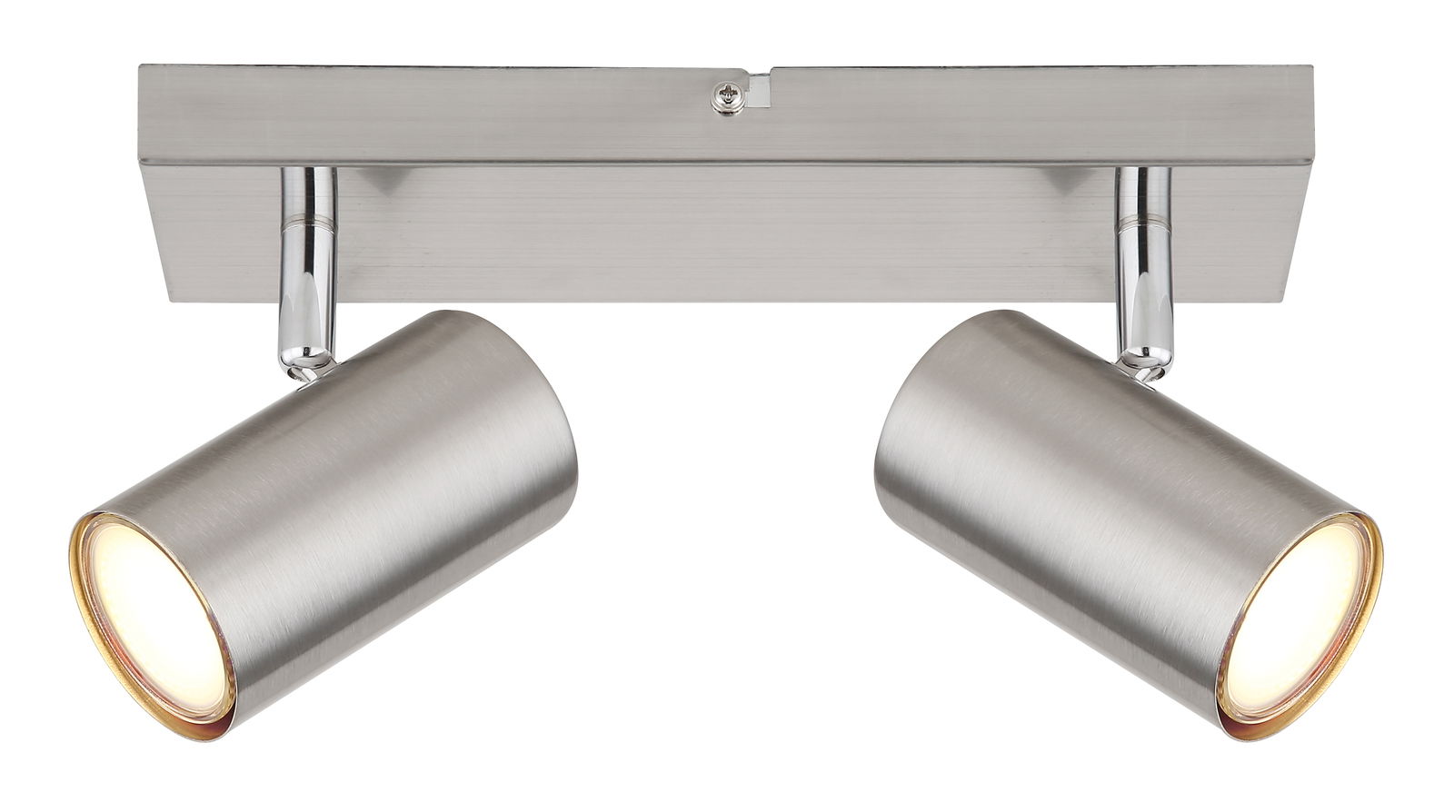 Zweiflammiger Strahler aus gebürstetem Metall in Frontalansicht