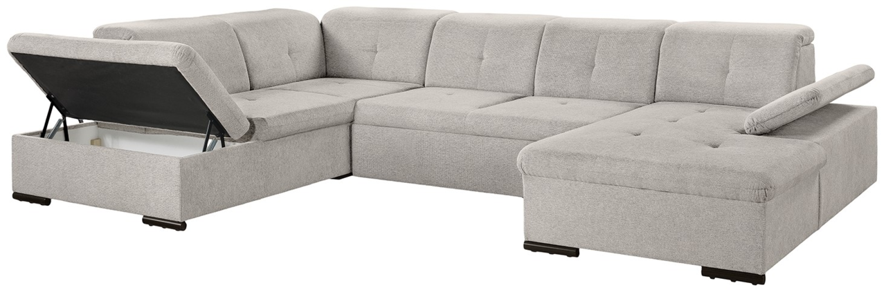 Graue Ecksofa mit Stauraum, teilweise geöffnet, Perspektive von vorne links