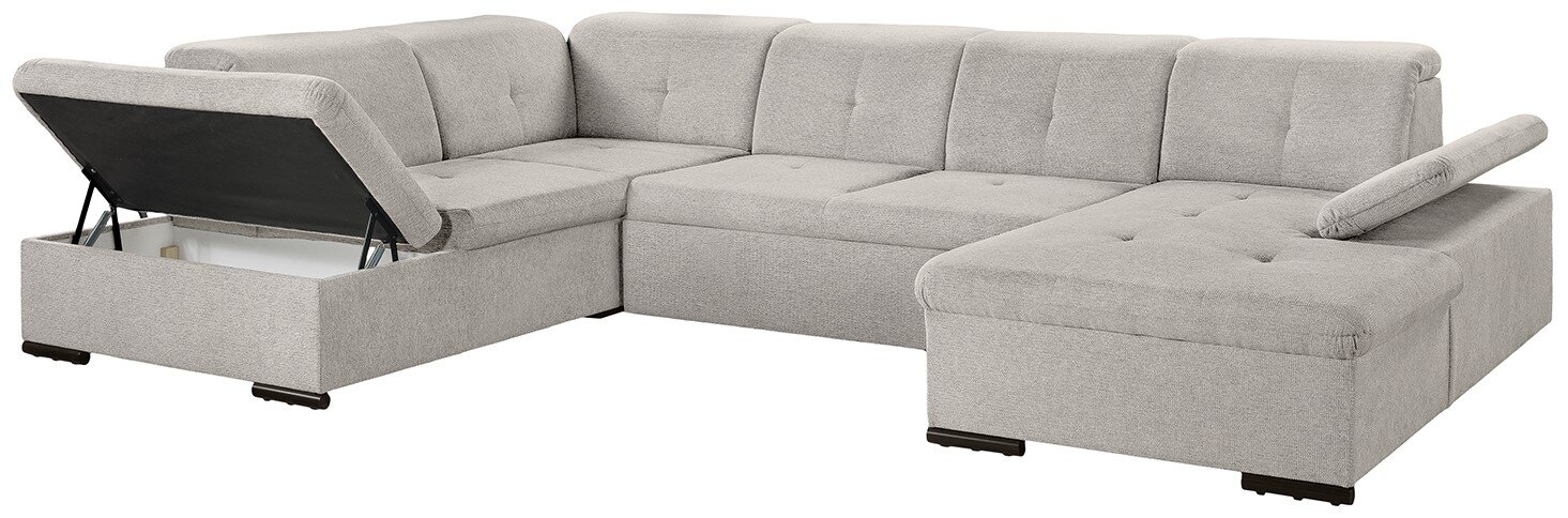 Graue Ecksofa mit Stauraum, teilweise geöffnet, Perspektive von vorne links
