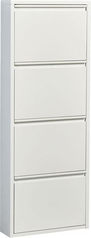 Weißer, schmaler Schuhschrank mit vier Klappfächern, frontale Ansicht leicht von links vor weißem Hintergrund.