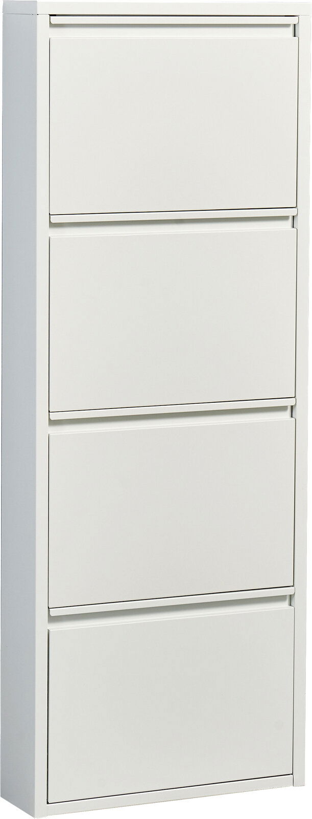 Weißer, schmaler Schuhschrank mit vier Klappfächern, frontale Ansicht leicht von links vor weißem Hintergrund.