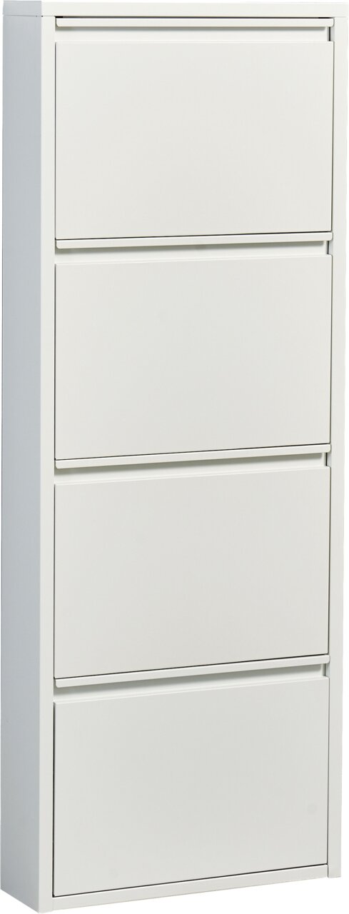 BOXXX Schuhkipper 4er BERT Weißer, schmaler Schuhschrank mit vier Klappfächern, frontale Ansicht leicht von links vor weißem Hintergrund.