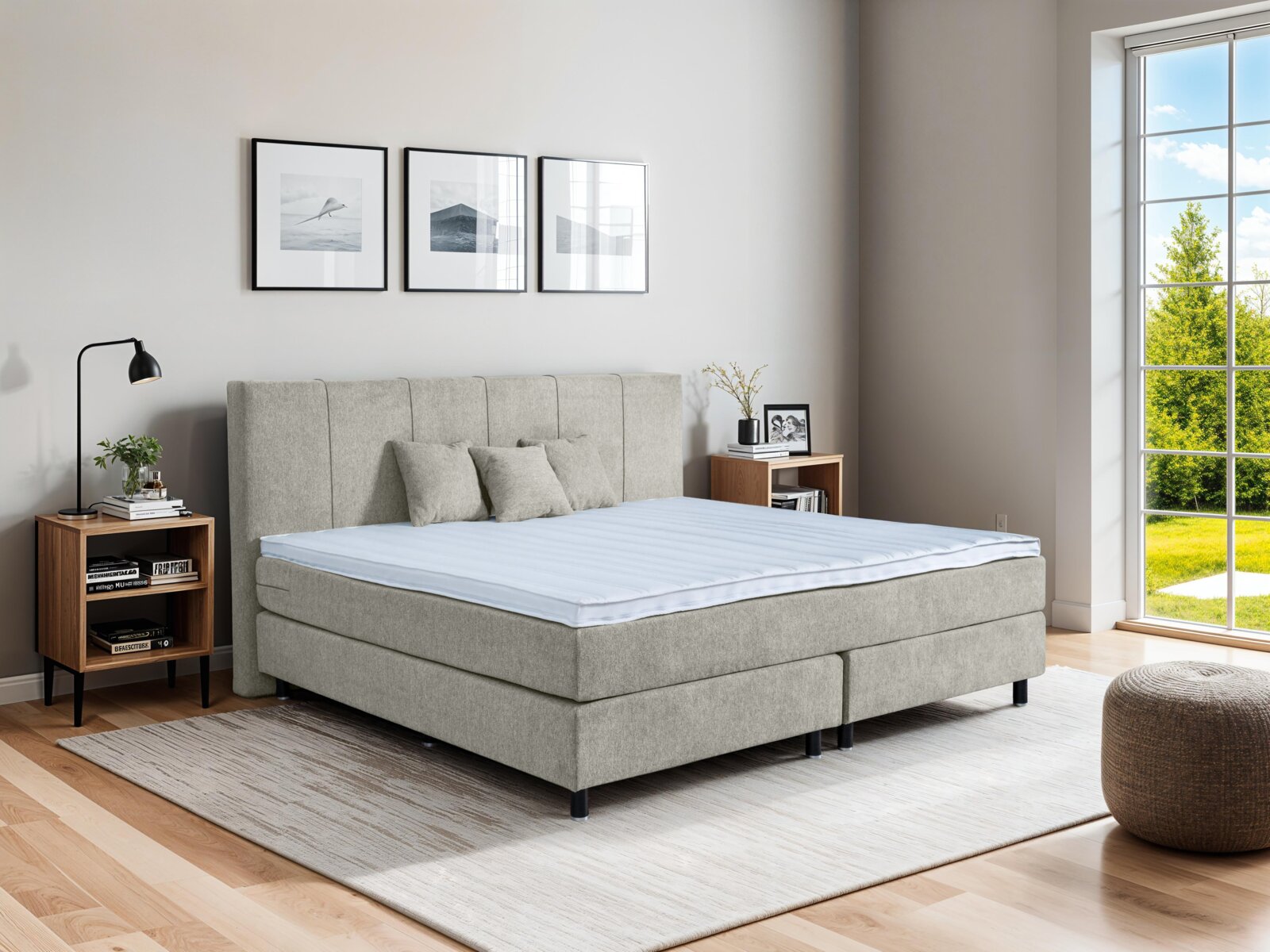 Modernes Boxspringbett in einem hellen Schlafzimmer, seitliche Perspektive mit grauem Stoffbezug, zwei Kissen und einem Nachttisch.