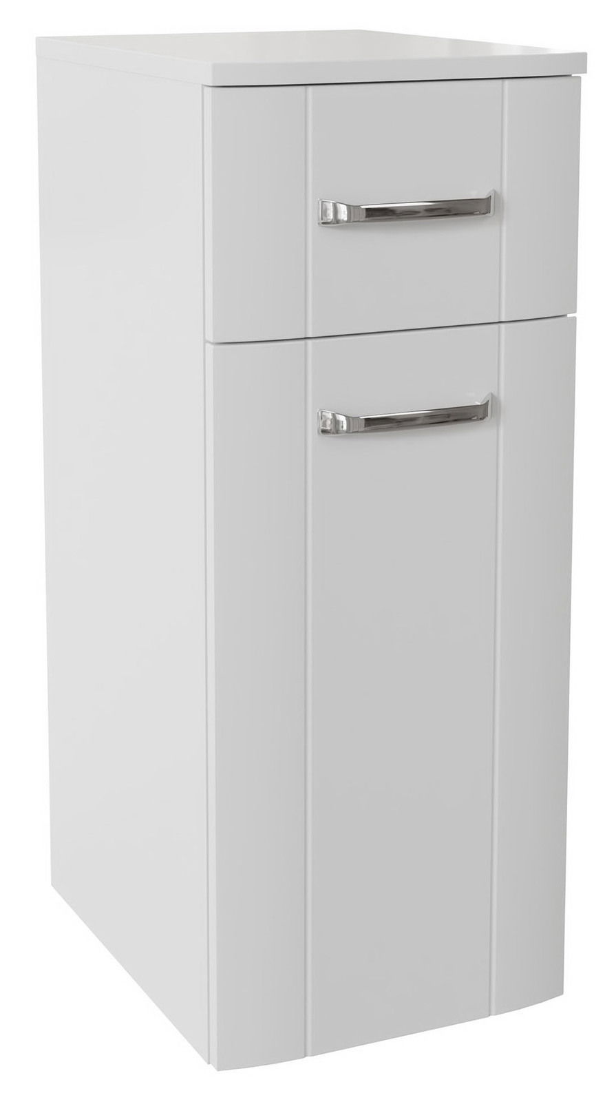 XORA Unterschrank SERIE 3006 Weißer Unterschrank mit zwei Schubladen und silbernen Griffen, seitliche Perspektive