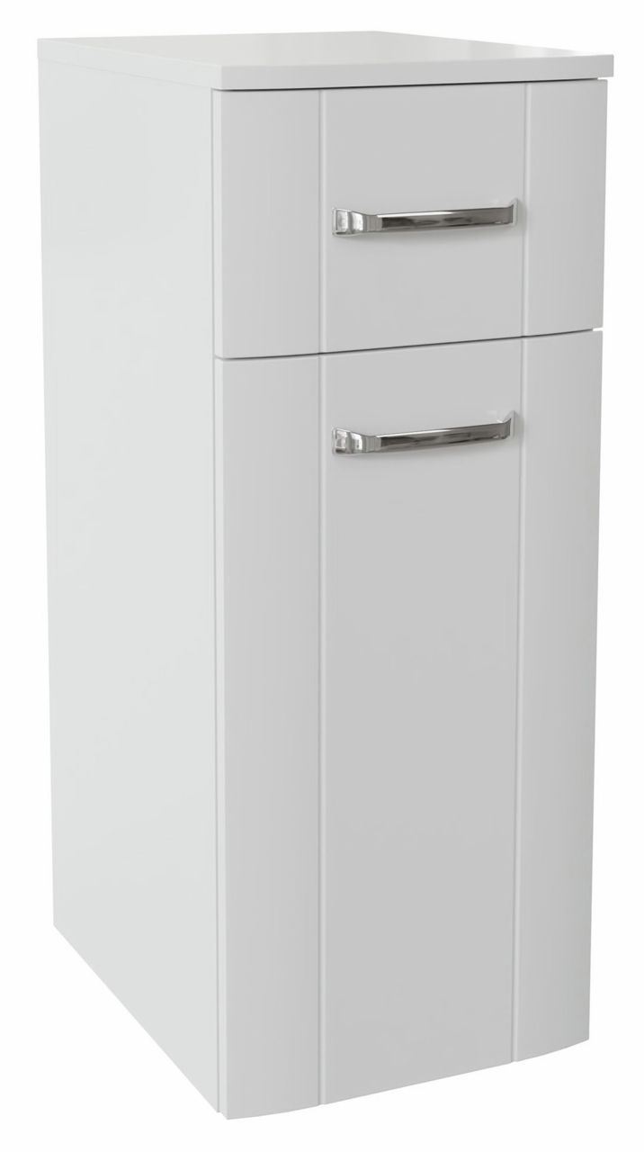 Weißer Unterschrank mit zwei Schubladen und silbernen Griffen, seitliche Perspektive