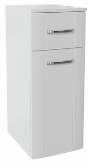 Weißer Unterschrank mit zwei Schubladen und silbernen Griffen, seitliche Perspektive