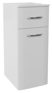 Weißer Unterschrank mit zwei Schubladen und silbernen Griffen, seitliche Perspektive