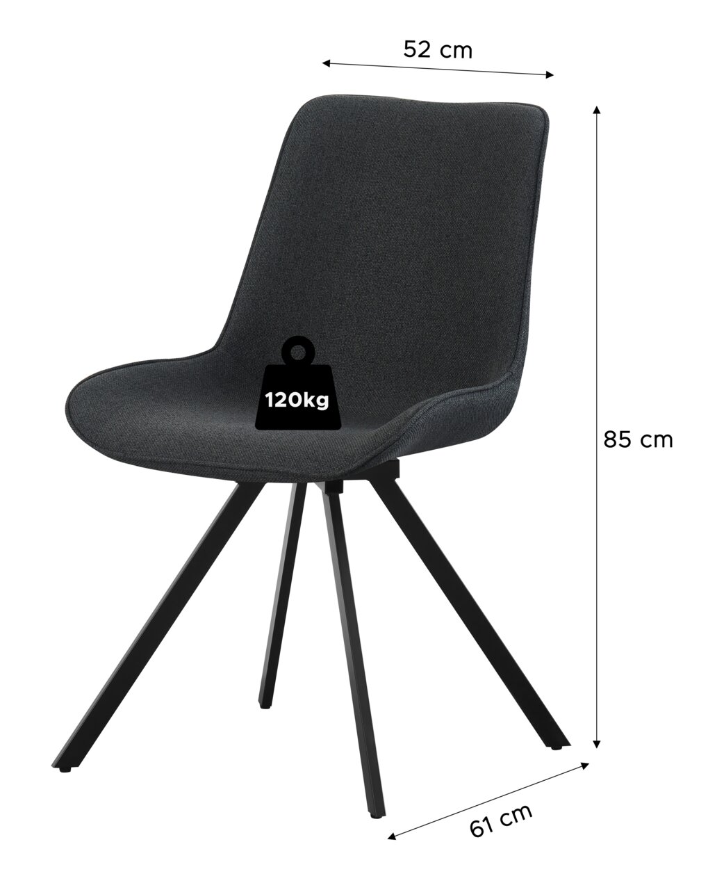 Dunkelgrauer Polsterstuhl mit schwarzem Metallgestell, Maße 85 cm Höhe, 52 cm Breite und 61 cm Tiefe, belastbar bis 120 kg, in schräger Frontansicht vor weißem Hintergrund.