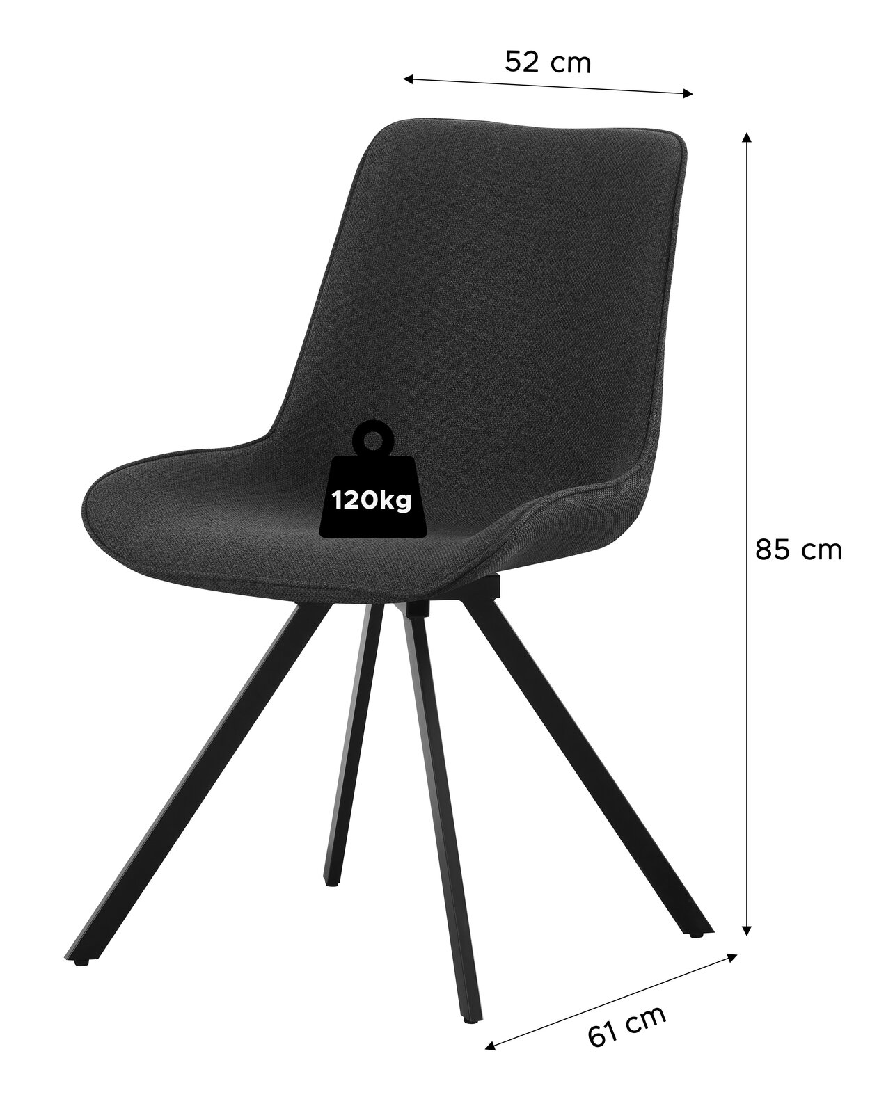 Dunkelgrauer Polsterstuhl mit schwarzem Metallgestell, Maße 85 cm Höhe, 52 cm Breite und 61 cm Tiefe, belastbar bis 120 kg, in schräger Frontansicht vor weißem Hintergrund.