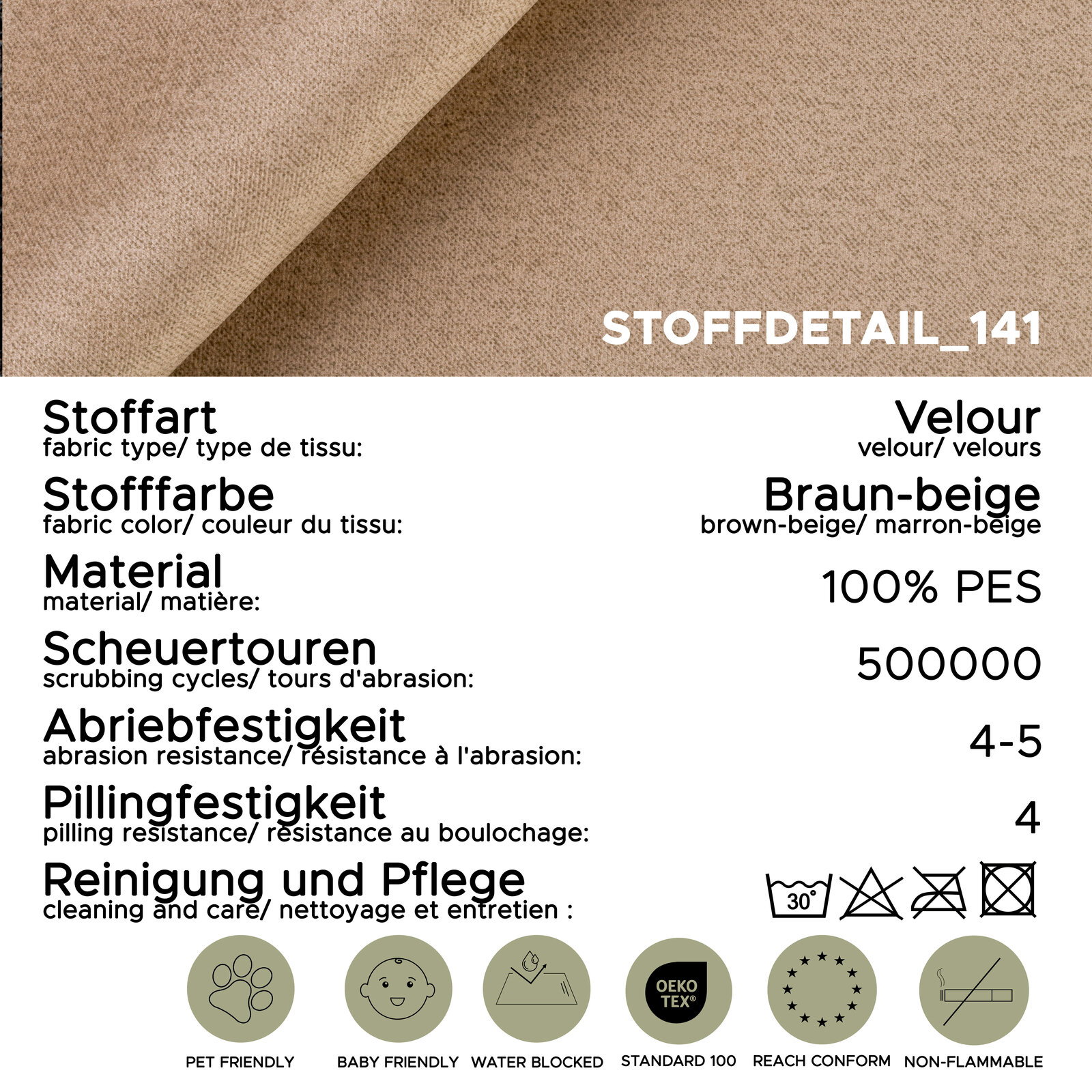 Nahaufnahme eines braun-beigen Veloursstoffs (Stoffdetail) in schräger Draufsicht; Material 100% PES, 500.000 Scheuertouren, Abriebfestigkeit 4–5, Pilling 4, OEKO-TEX Standard 100, pet- und babyfreundlich, wasserabweisend, REACH-konform, nicht entflammbar