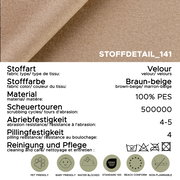 Nahaufnahme eines braun-beigen Veloursstoffs (Stoffdetail) in schräger Draufsicht; Material 100% PES, 500.000 Scheuertouren, Abriebfestigkeit 4–5, Pilling 4, OEKO-TEX Standard 100, pet- und babyfreundlich, wasserabweisend, REACH-konform, nicht entflammbar