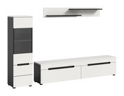 Modernes Wohnzimmermöbel-Set in Weiß und Anthrazit mit Highboard, Lowboard und zwei Wandregalen, Frontansicht in leichter Schrägperspektive