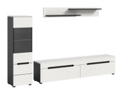 Modernes Wohnzimmermöbel-Set in Weiß und Anthrazit mit Highboard, Lowboard und zwei Wandregalen, Frontansicht in leichter Schrägperspektive