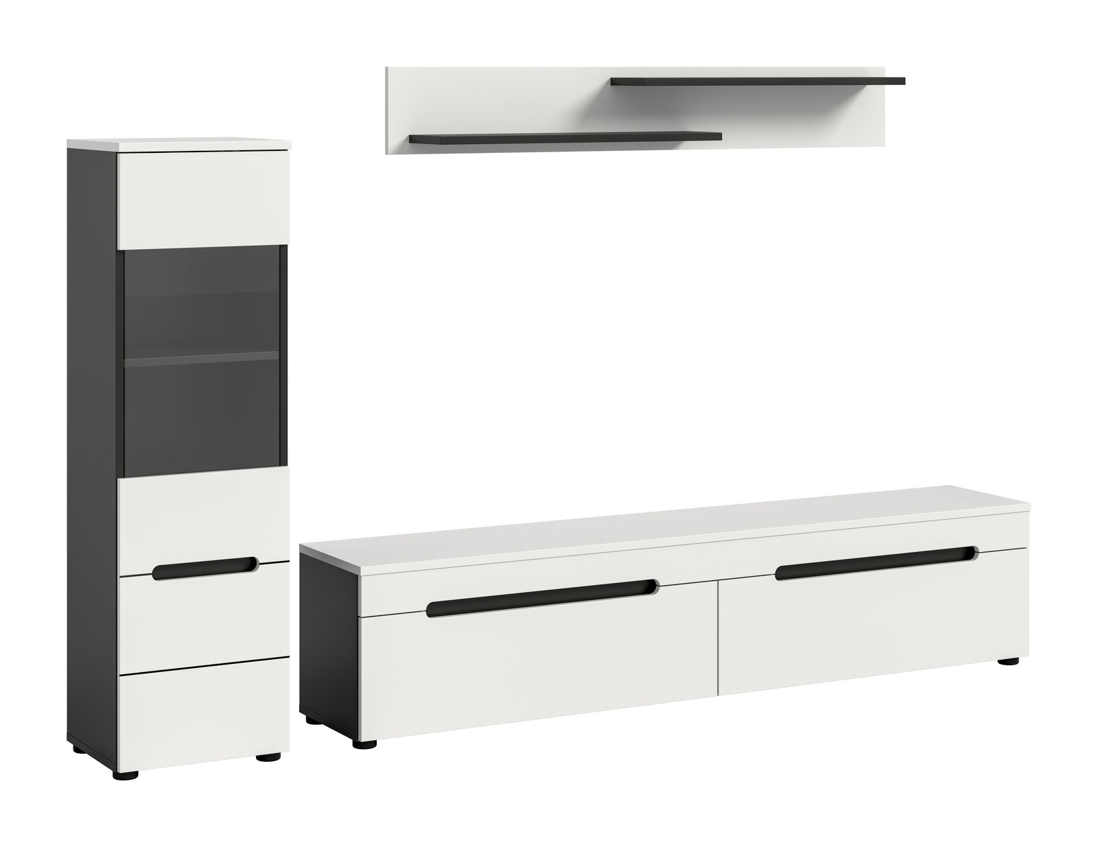 Modernes Wohnzimmermöbel-Set in Weiß und Anthrazit mit Highboard, Lowboard und zwei Wandregalen, Frontansicht in leichter Schrägperspektive