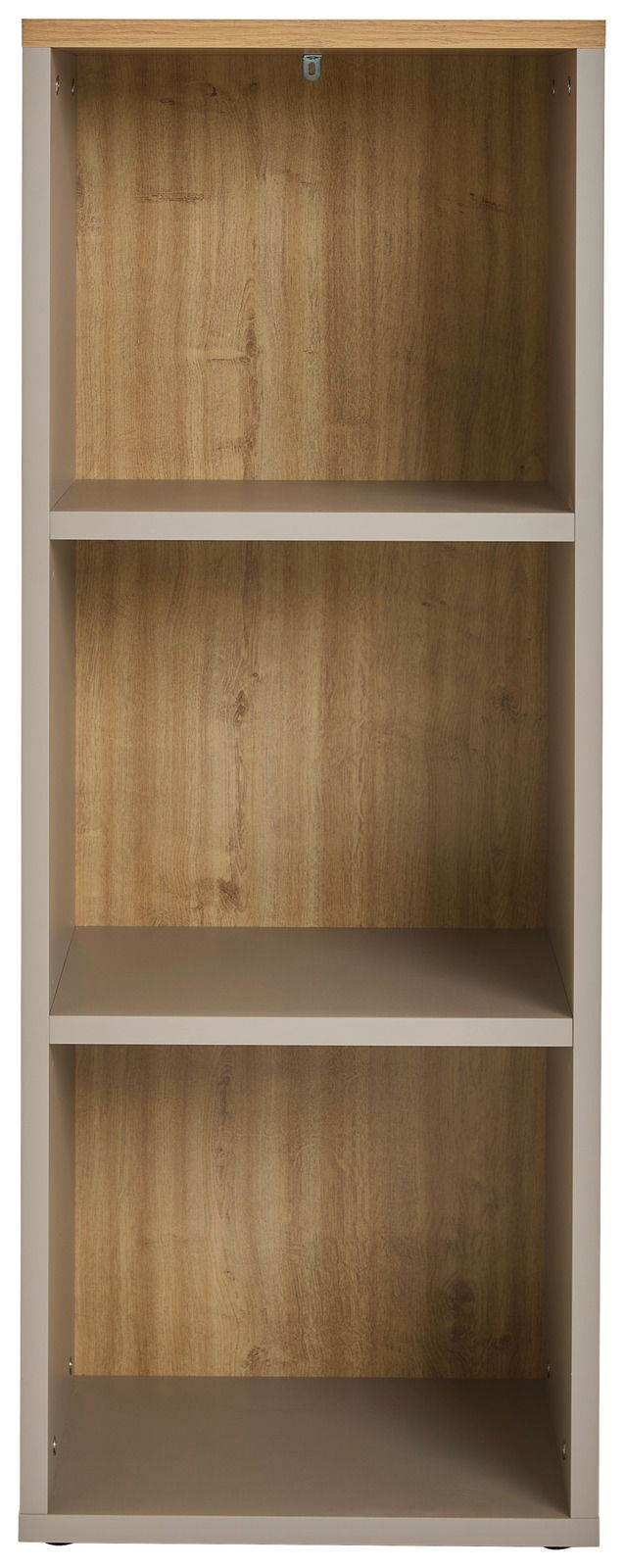 Frontale Ansicht eines Aktenregals mit drei offenen Regalböden und Holzoptik.