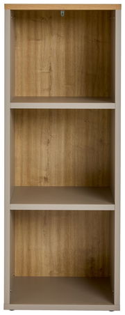 Frontale Ansicht eines Aktenregals mit drei offenen Regalböden und Holzoptik.