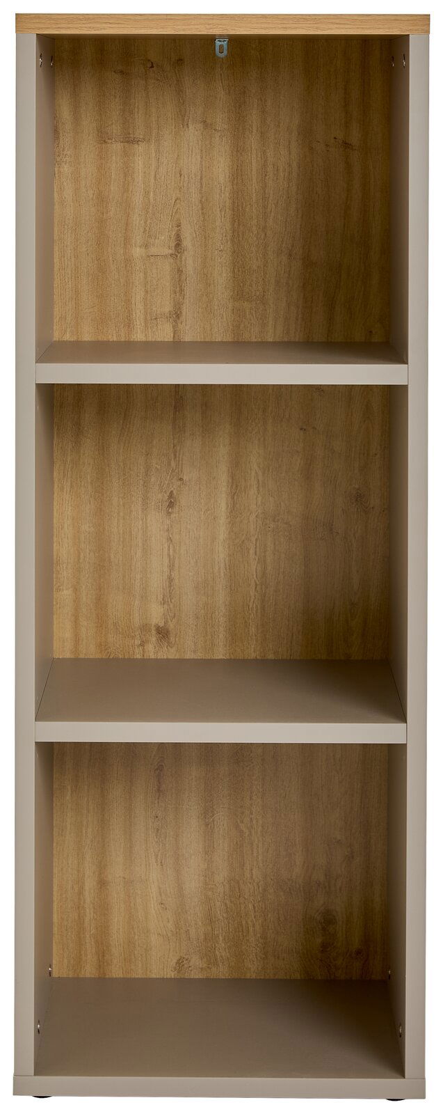 Frontale Ansicht eines Aktenregals mit drei offenen Regalböden und Holzoptik.