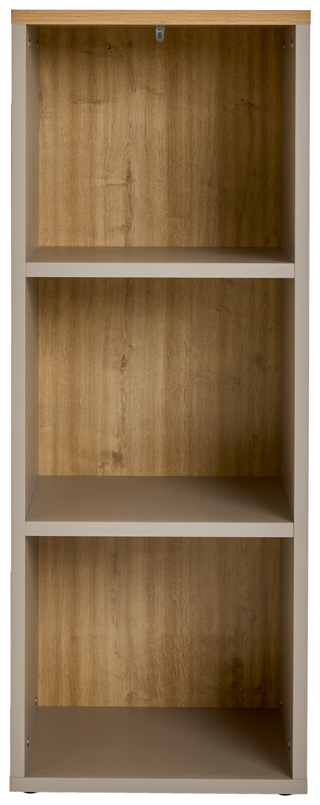 Frontale Ansicht eines Aktenregals mit drei offenen Regalböden und Holzoptik.