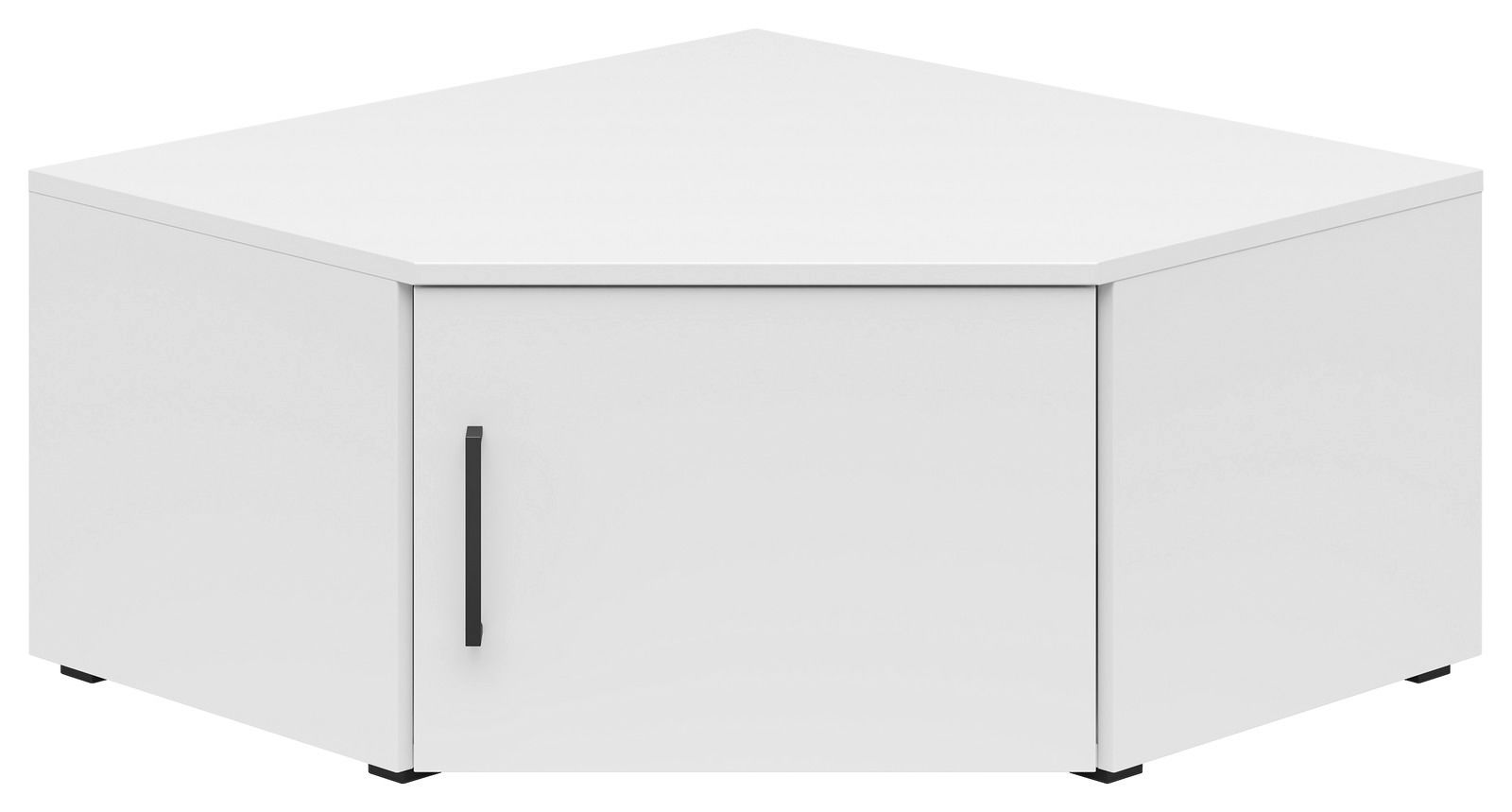 Weißer Eckaufsatzschrank mit schwarzem Griff, frontale Perspektive