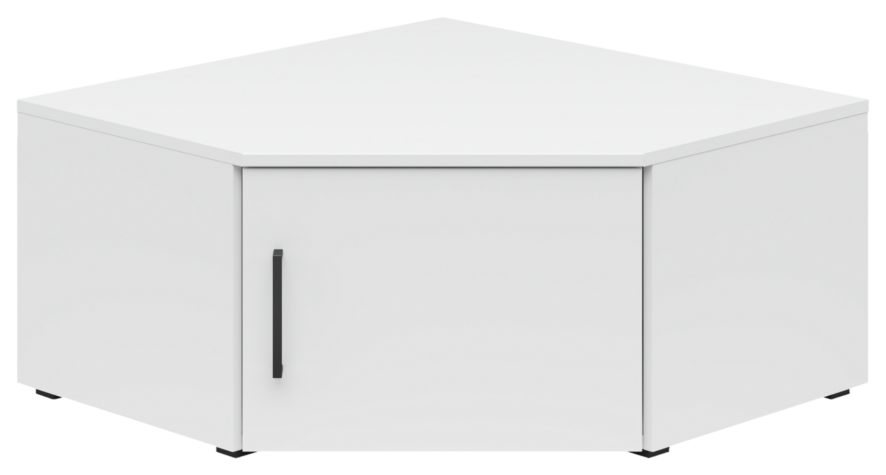 Weißer Eckaufsatzschrank mit schwarzem Griff, frontale Perspektive