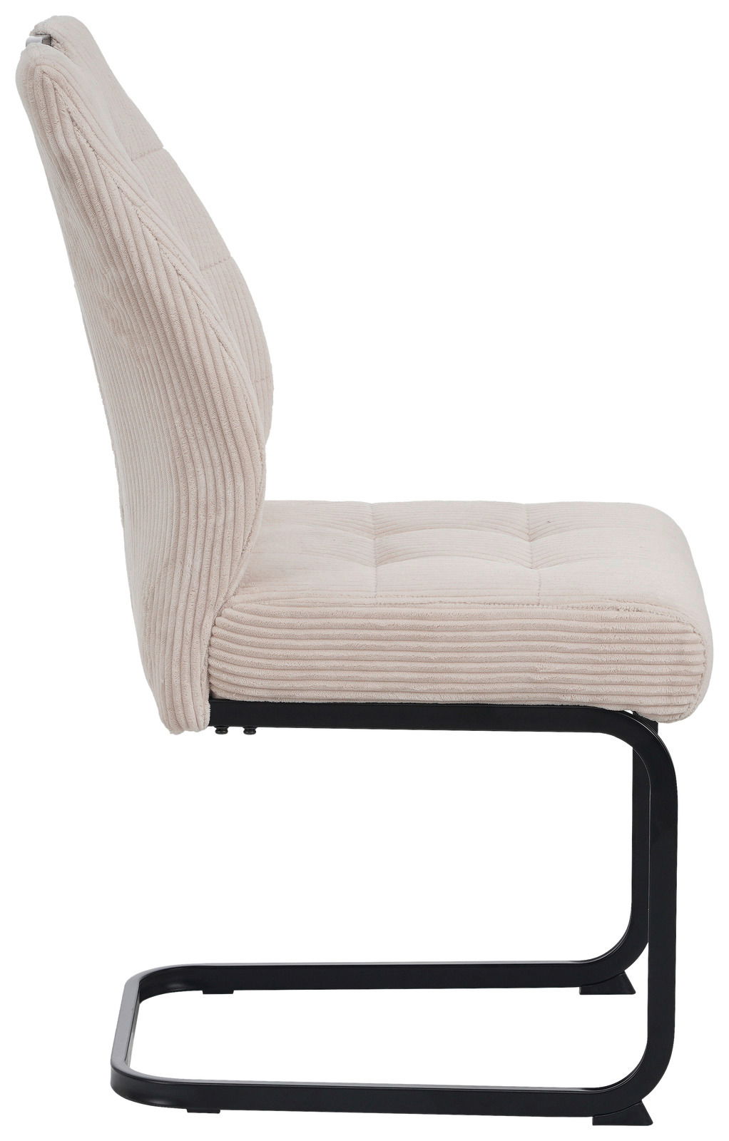 Seitenansicht eines modernen Schwingstuhls mit beigem, geripptem Stoffbezug und schwarzem Metallgestell.