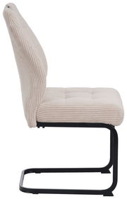 Seitenansicht eines modernen Schwingstuhls mit beigem, geripptem Stoffbezug und schwarzem Metallgestell.