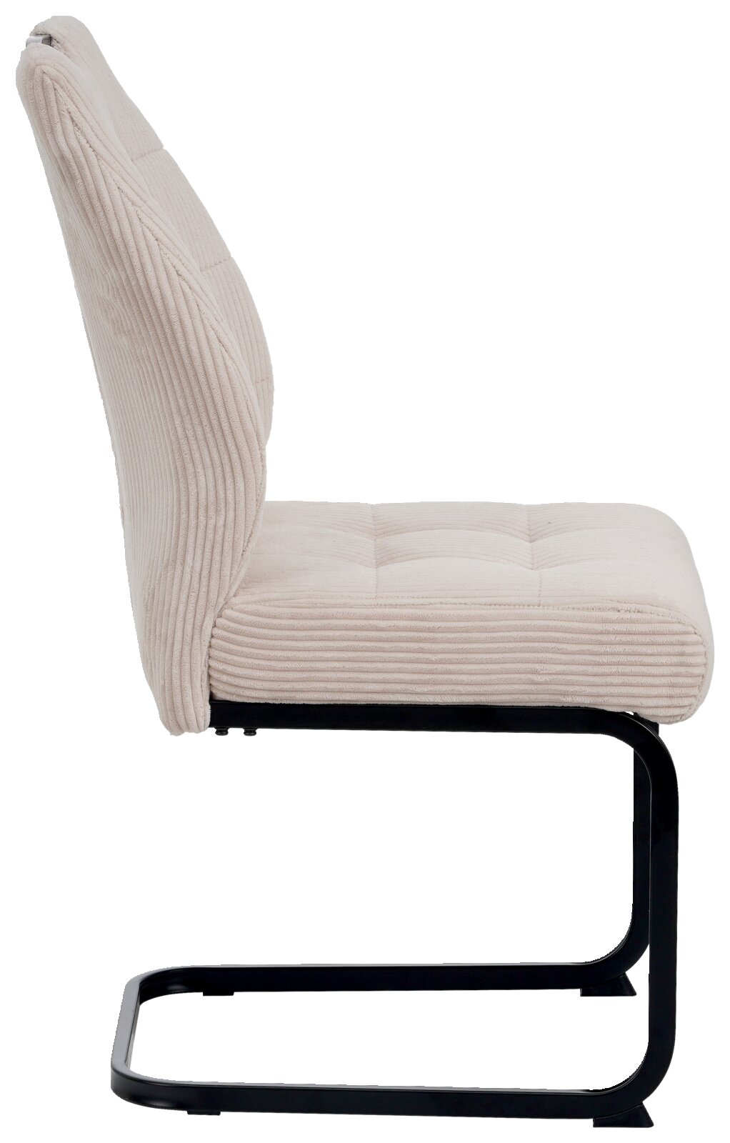 Zijaanzicht van een moderne schommelstoel met een beige, geribbelde stoffen bekleding en een zwart metalen frame.