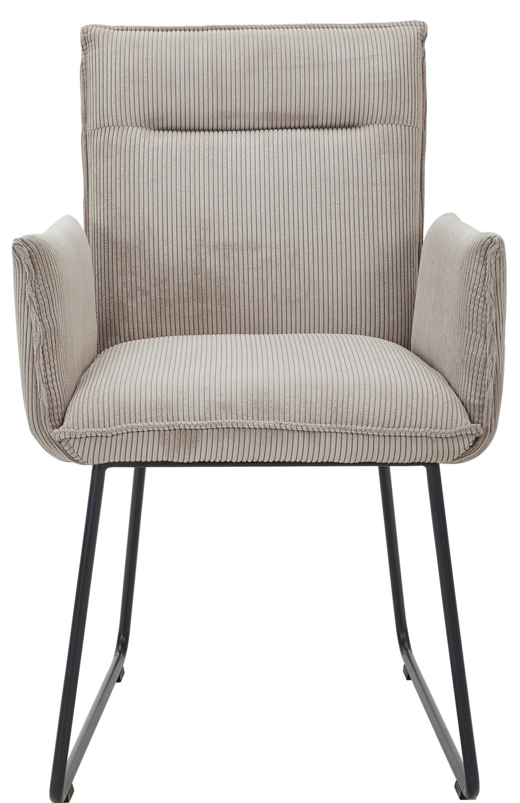 Frontansicht eines modernen Armlehnstuhls mit grauem, geripptem Stoffbezug und schwarzen Metallbeinen.