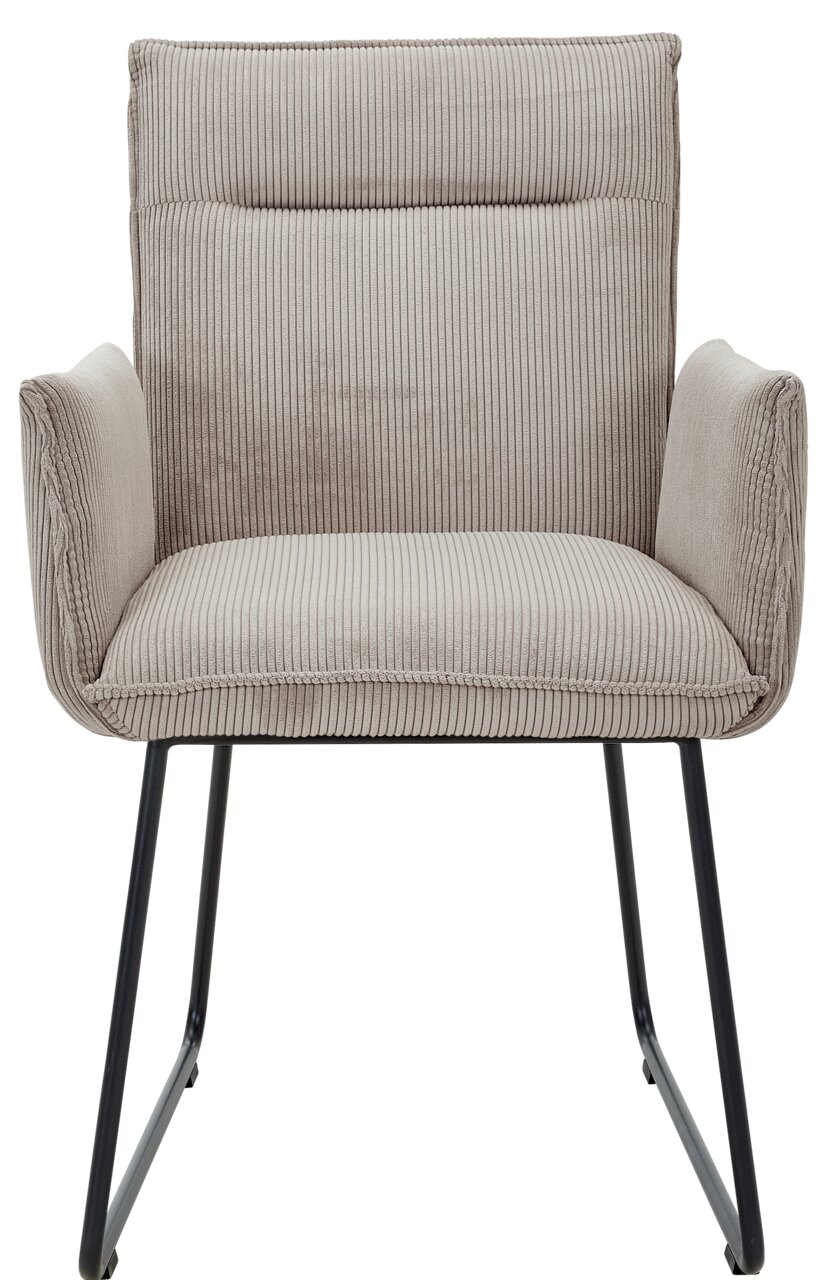 Frontansicht eines modernen Armlehnstuhls mit grauem, geripptem Stoffbezug und schwarzen Metallbeinen.