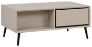 Moderner Couchtisch in Beige mit schwarzem Rahmen, rechteckiger Form und schrägen Beinen, seitliche Perspektive.