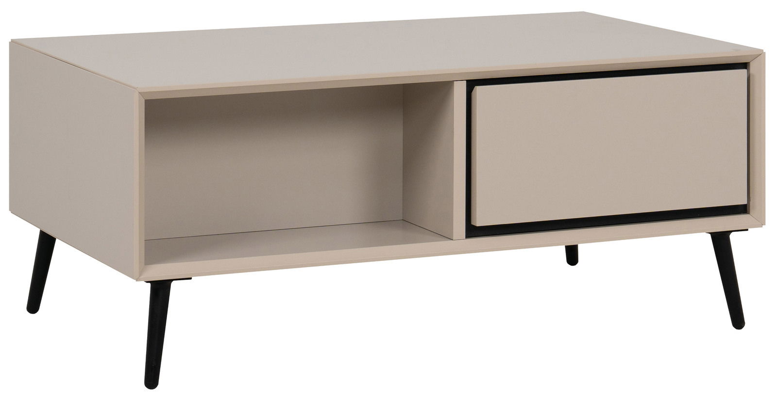 Moderner Couchtisch in Beige mit schwarzem Rahmen, rechteckiger Form und schrägen Beinen, seitliche Perspektive.