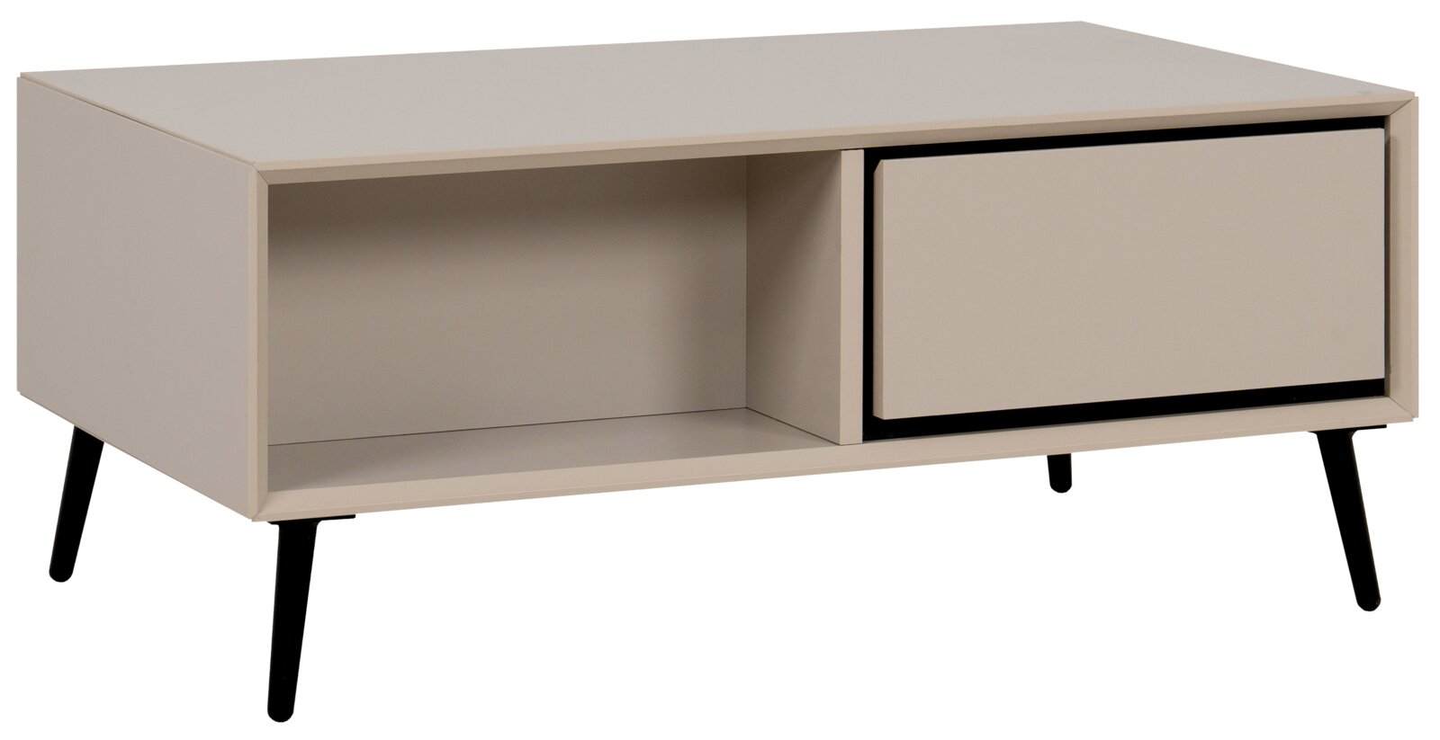 Moderne salontafel in beige met een zwart frame, rechthoekige vorm en schuine poten, gezien vanaf de zijkant.