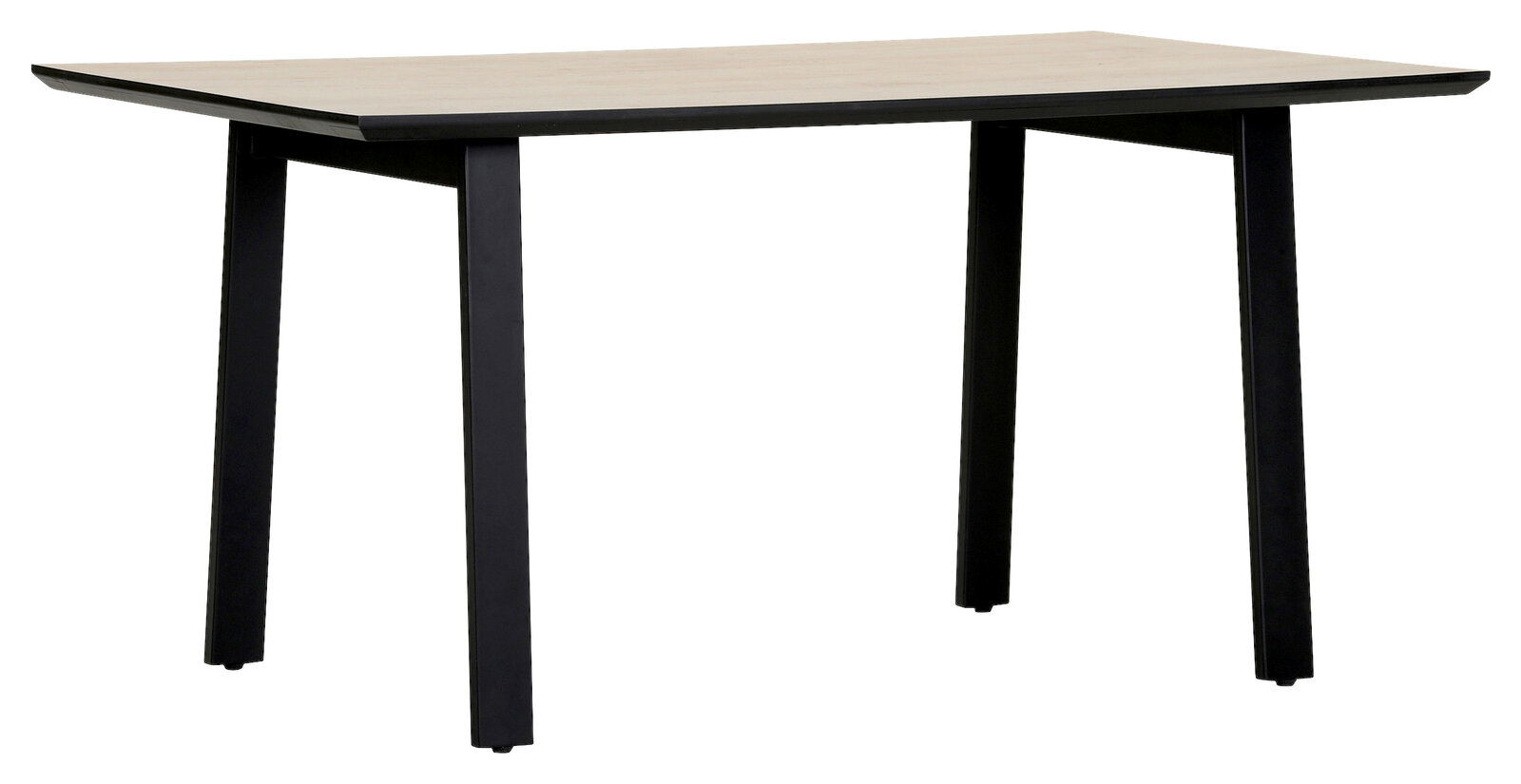 Moderner Esstisch mit heller Holzplatte und schwarzen Metallbeinen, seitliche Perspektive