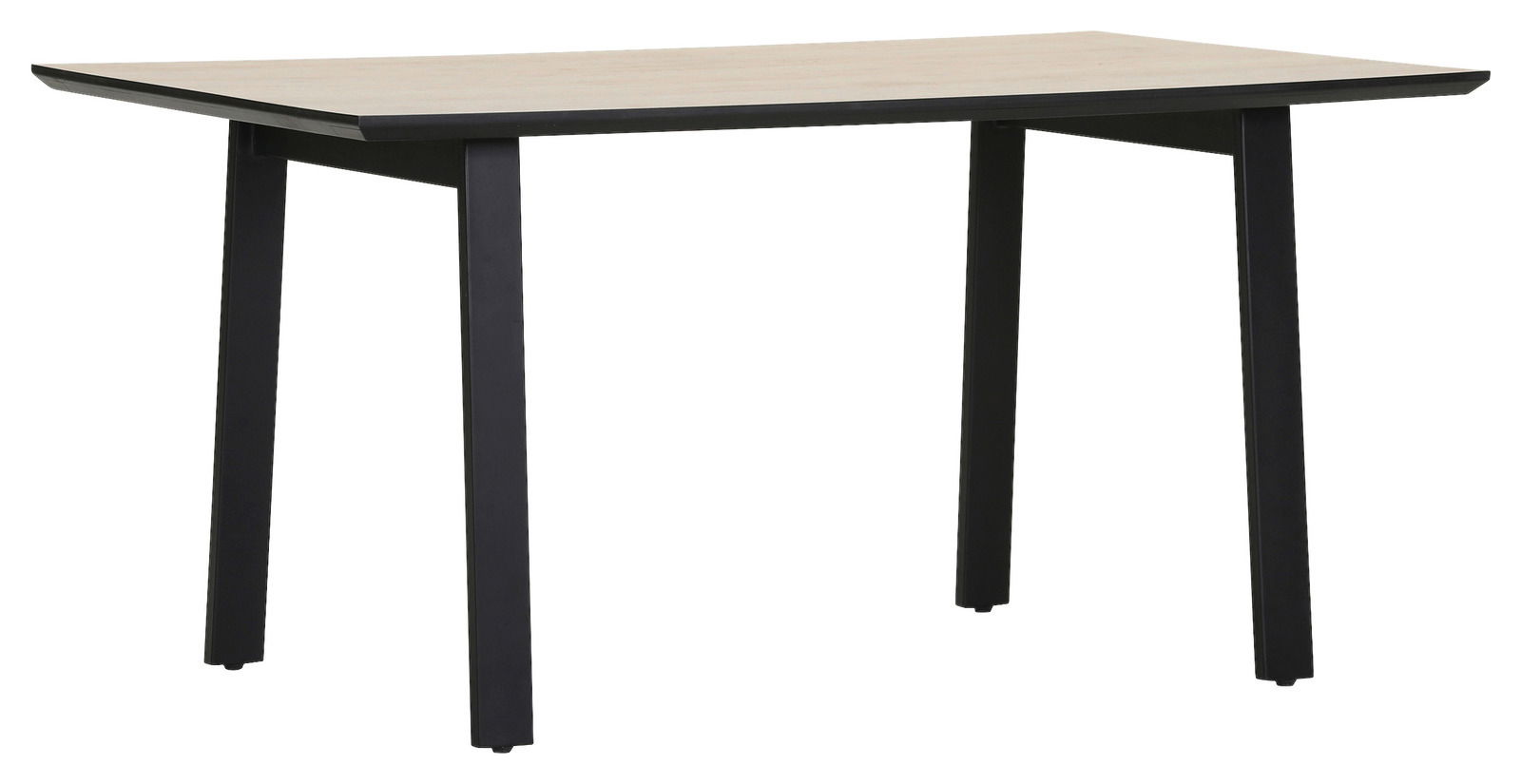 Moderner Esstisch mit heller Holzplatte und schwarzen Metallbeinen, seitliche Perspektive