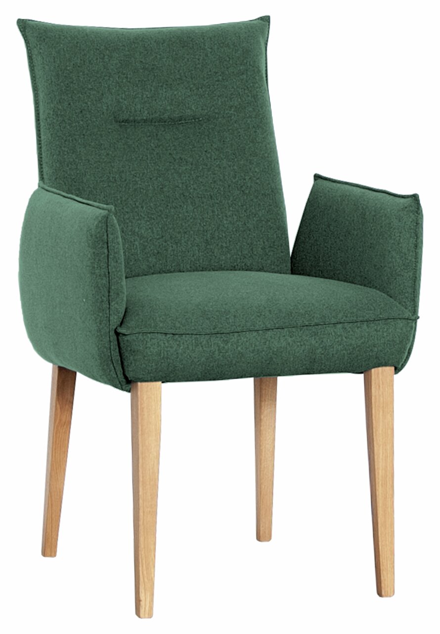 Grüner Armlehnstuhl mit Holzbeinen, Vorderansicht